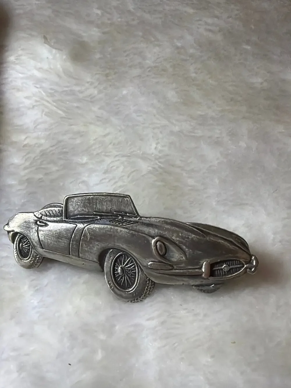 Vintage Jaguar E-Type XKE Roadster Pewter Dimensional Car Brooch Lapel Pin
